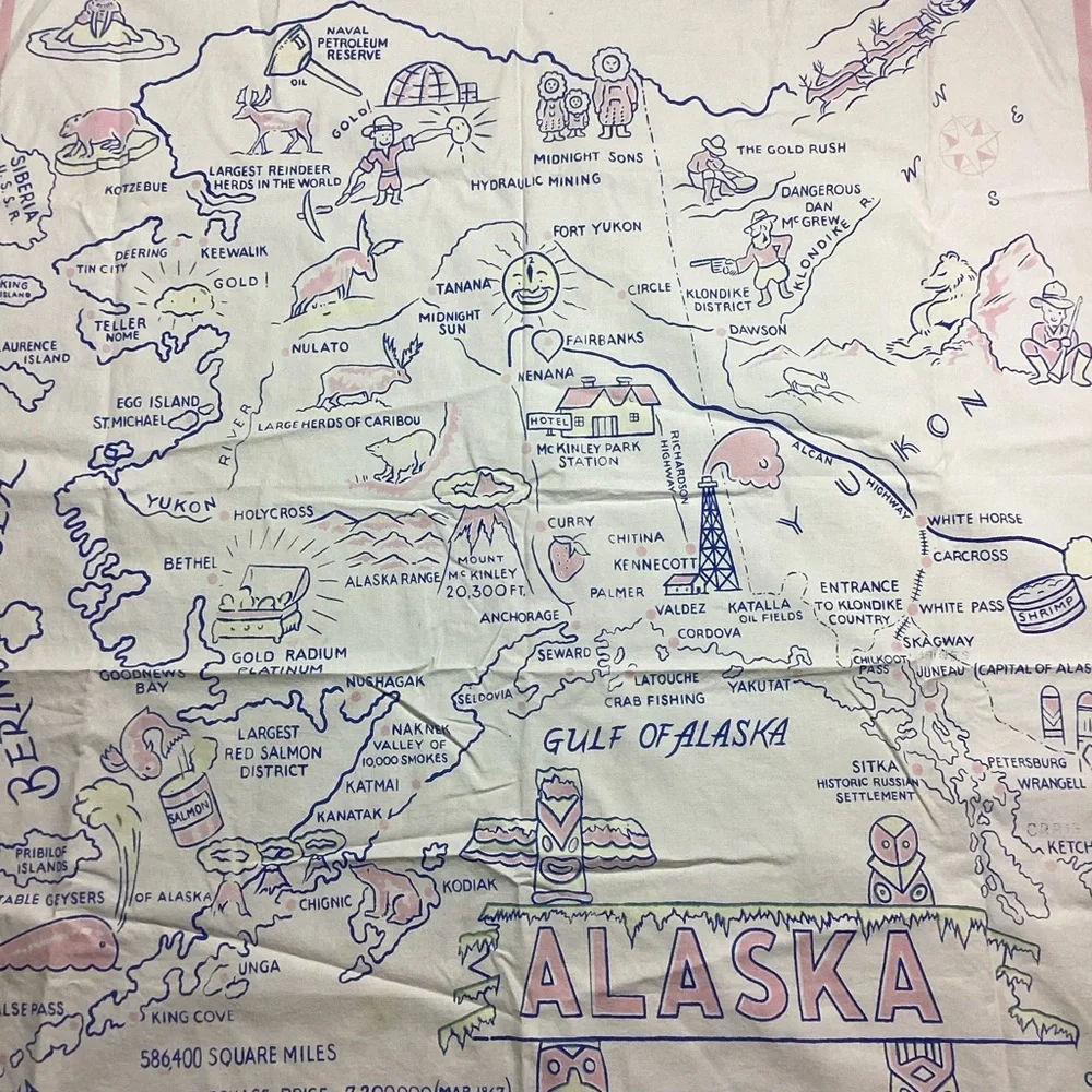 Vintage Alaska state 1950s MCM cotton tablecloth